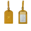 A yellow PU leather luggage tag with a gold airplane design and a clear plastic holder.