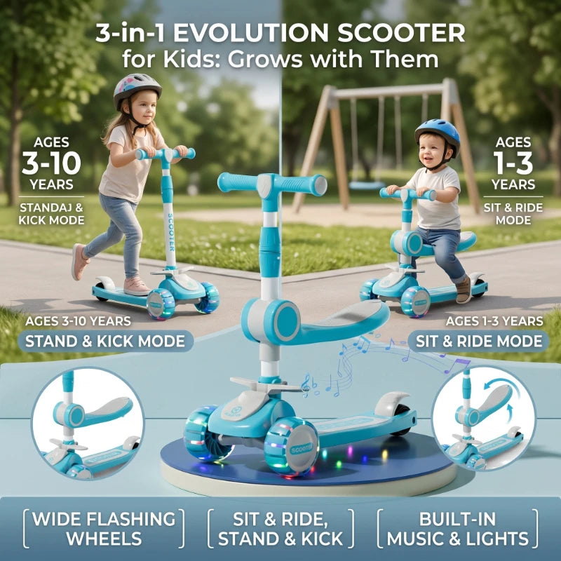 Trottinette Électrique pour Enfants 3-en-1 avec Roues Lumineuses