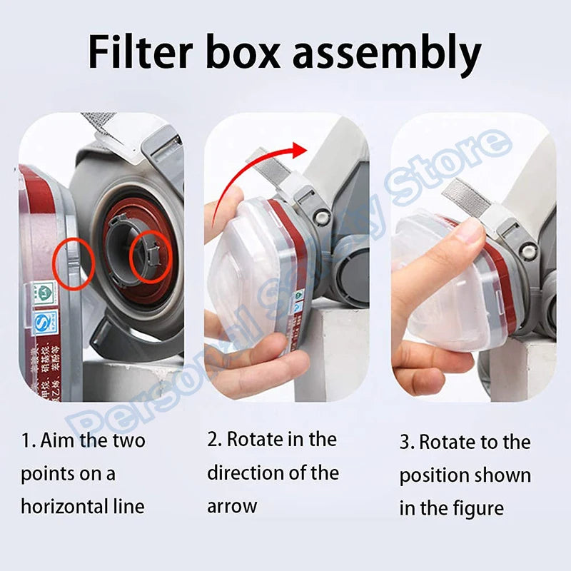 Instructions for the filter box assembly of a half face respirator mask with anti-fog safety goggles