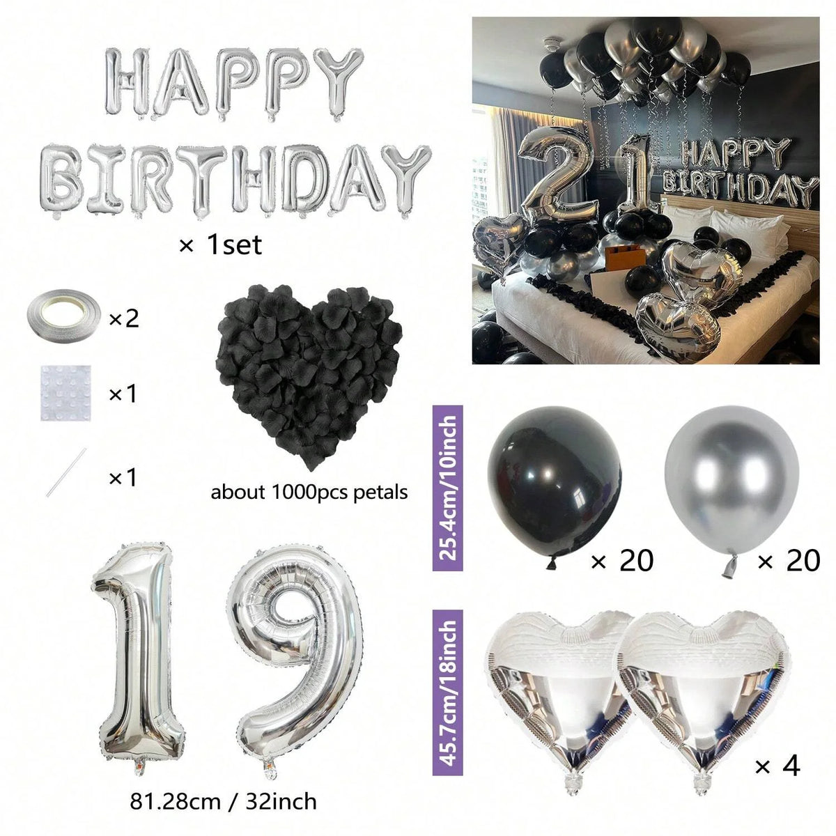Set silberner und schwarzer Ballons mit Zahlen, Herzen und Konfetti für eine Geburtstagsfeier