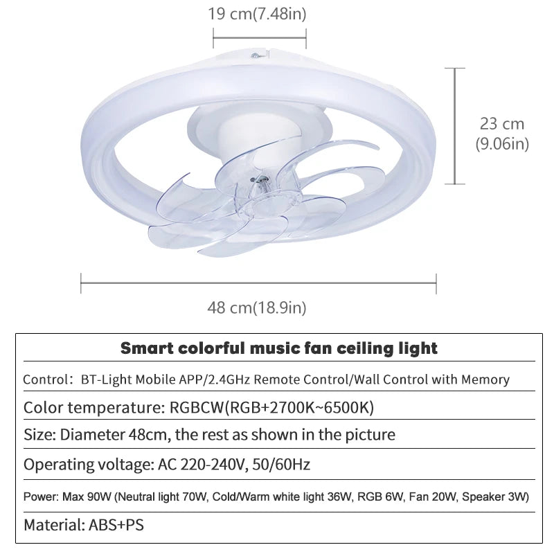 Smart LED Ceiling Fan with RGB Music Light & Speaker