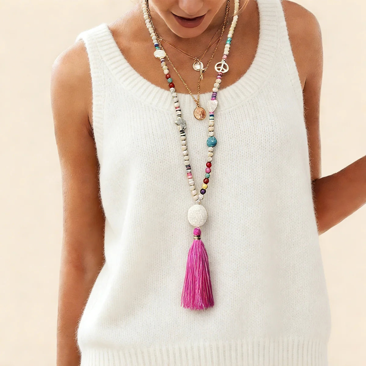 Bohemian Wooden Bead Tassel Necklace