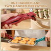 A hand uses a red silicone gripper clip to hold a food item, demonstrating one-handed and two-handed operation.