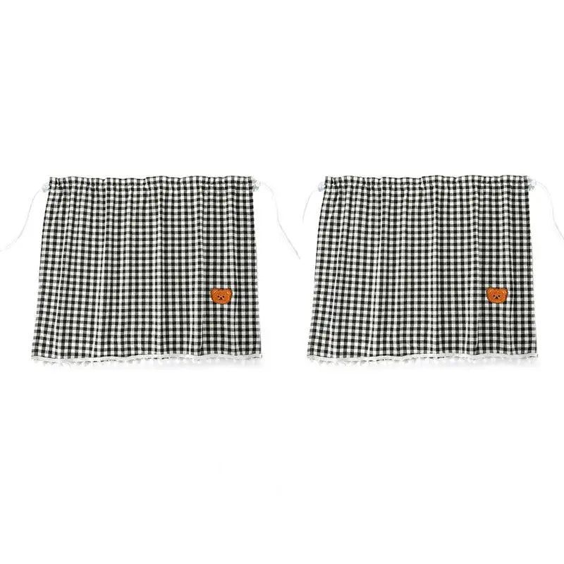 Black and white checkered sun shade curtains featuring a cartoon bear design for UV blocking.