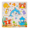 Wooden 3D jigsaw puzzle featuring various sea creatures like a Seahorse, Dolphin, Crab, Octopus, Starfish, Tortoise, and Jell