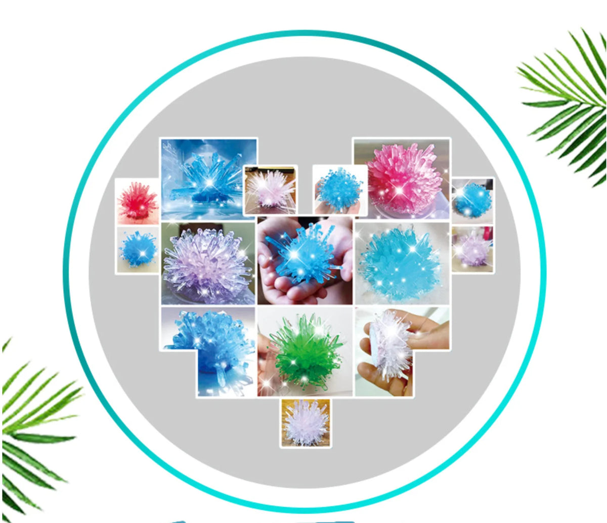 A collection of various colored crystals and mineral formations displayed in a circular frame.