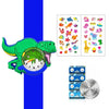 A green dinosaur-shaped digital watch with a silicone band and a grid of colorful dinosaur illustrations.