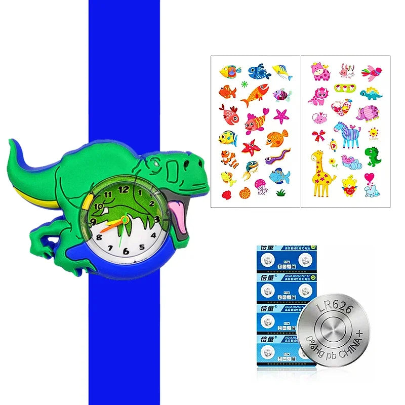 A green dinosaur-shaped digital watch with a silicone band and a grid of colorful dinosaur illustrations.