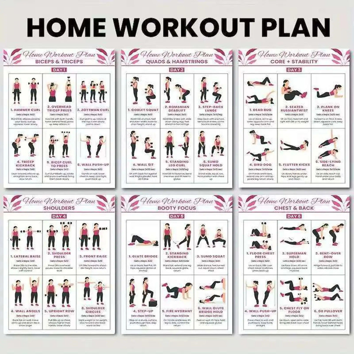 A set of six workout plan posters for home workouts covering biceps, quads, hamstrings, core, stability, shoulders, booty foc