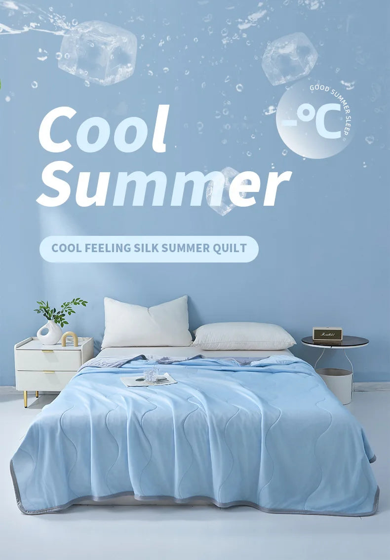 A light blue silk summer quilt is displayed on a bed, with ice cube graphics and cool temperature text in the background.