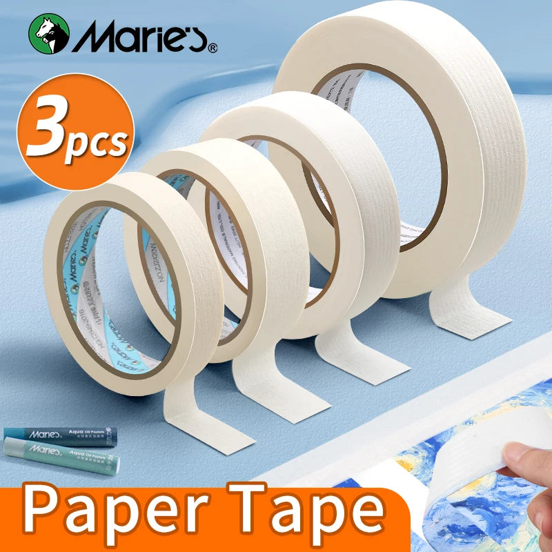 A set of three rolls of white paper tape from Marie's for masking and drafting purposes.