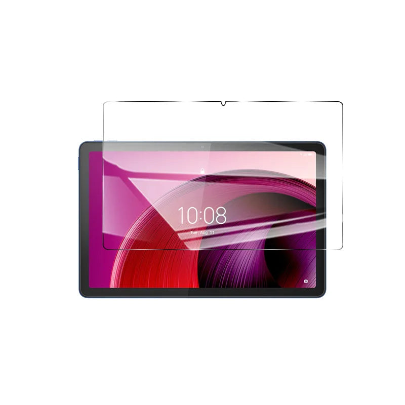 A clear tempered glass screen protector is shown placed over a tablet displaying a vibrant pink and purple gradient backgroun