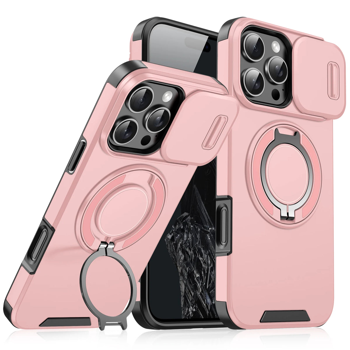 Pinker, robuster magnetischer Ringständer für iPhone-Hüllen, zeigt mehrere Kameramodule.