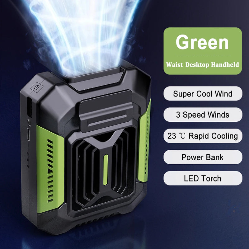 Portable Waist-Mounted Fan with LED Light & Power Bank