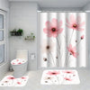 Pink peony floral shower curtain set featuring a rug and toilet cover in a bathroom setting