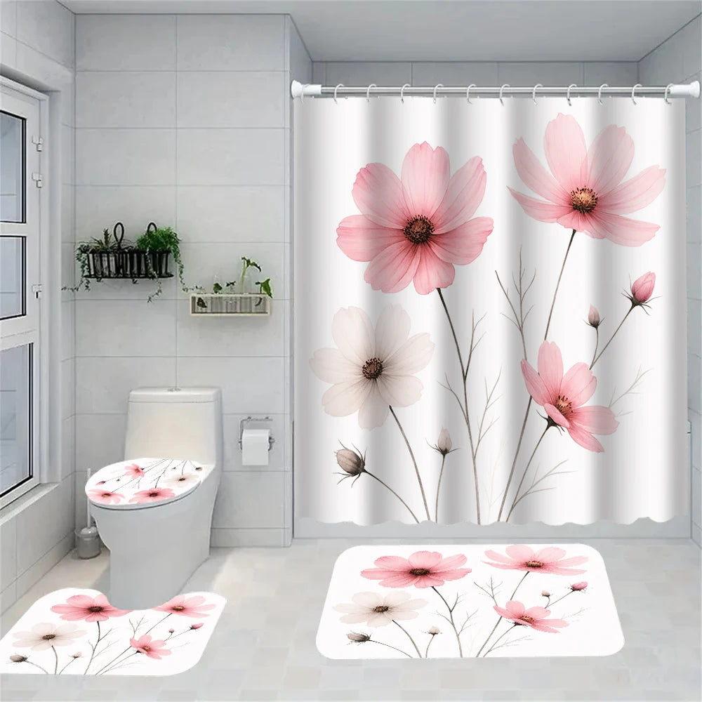 Pink peony floral shower curtain set featuring a rug and toilet cover in a bathroom setting
