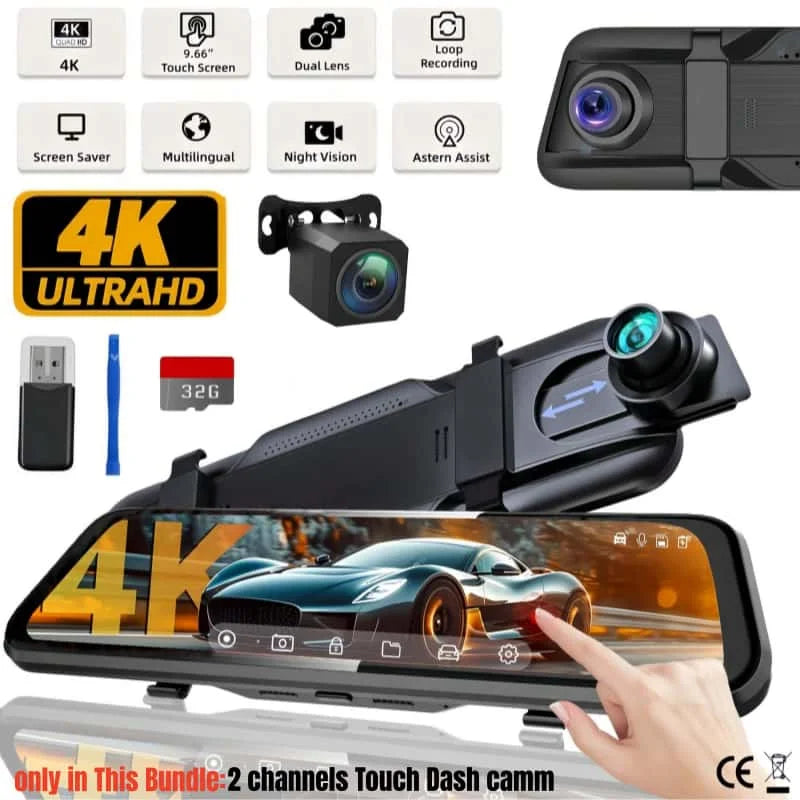 10-Inch Touchscreen Mirror Dash Cam with Front and Rear Cameras