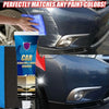 A hand applies a blue paint polish to a dark car surface, demonstrating its ability to match any paint color.