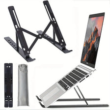 Black adjustable aluminum laptop stand with multiple levels and a silver protective sleeve.