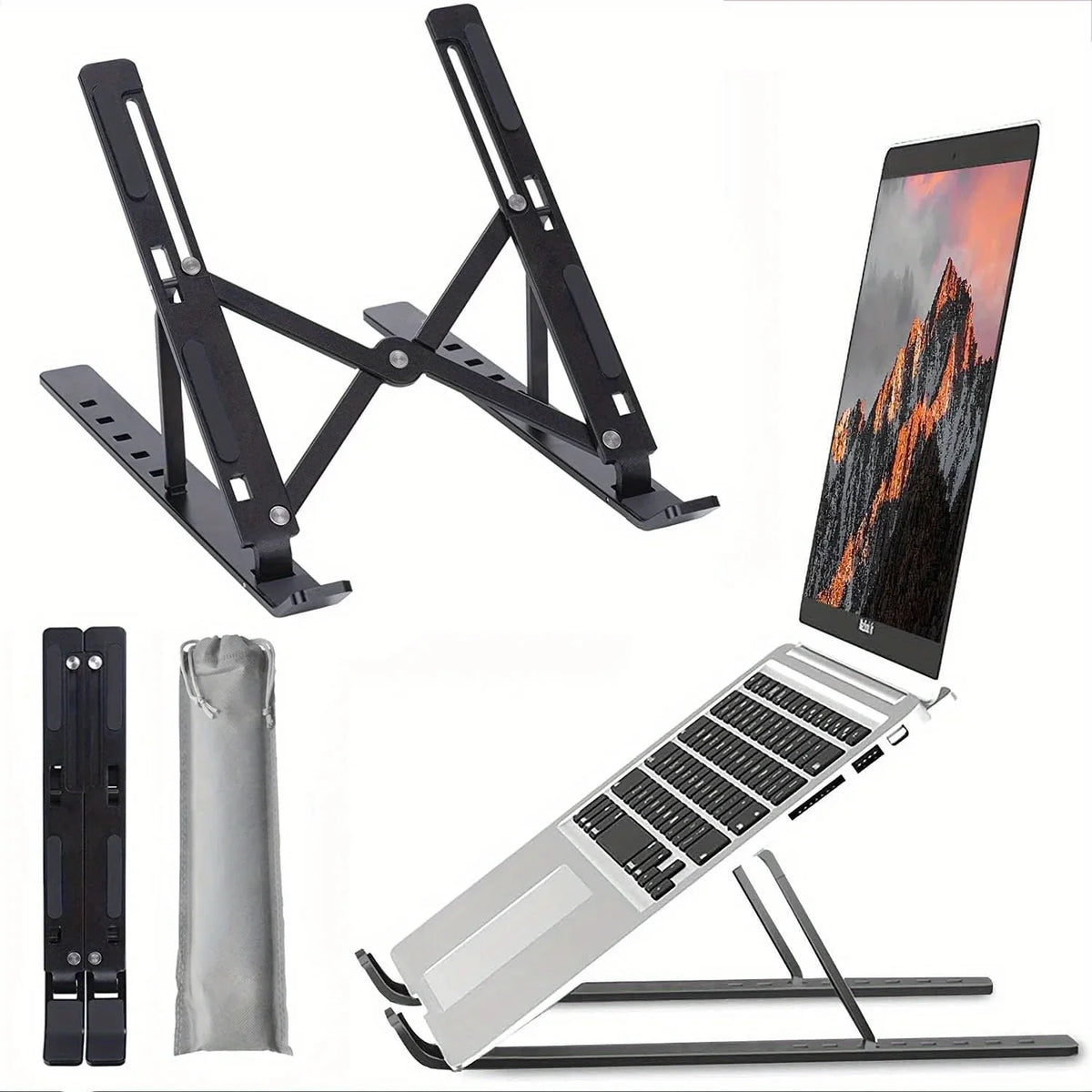 Black adjustable aluminum laptop stand with a screen mount and folding arms shown next to a laptop.