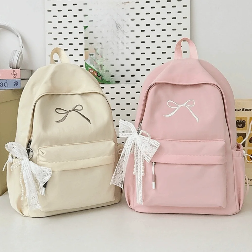 Embroidered Bow Nylon Backpack for Girls – Lightweight & Spacious