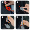 Step-by-step guide showing the use of a windshield repair kit with resin for cracks and scratches.