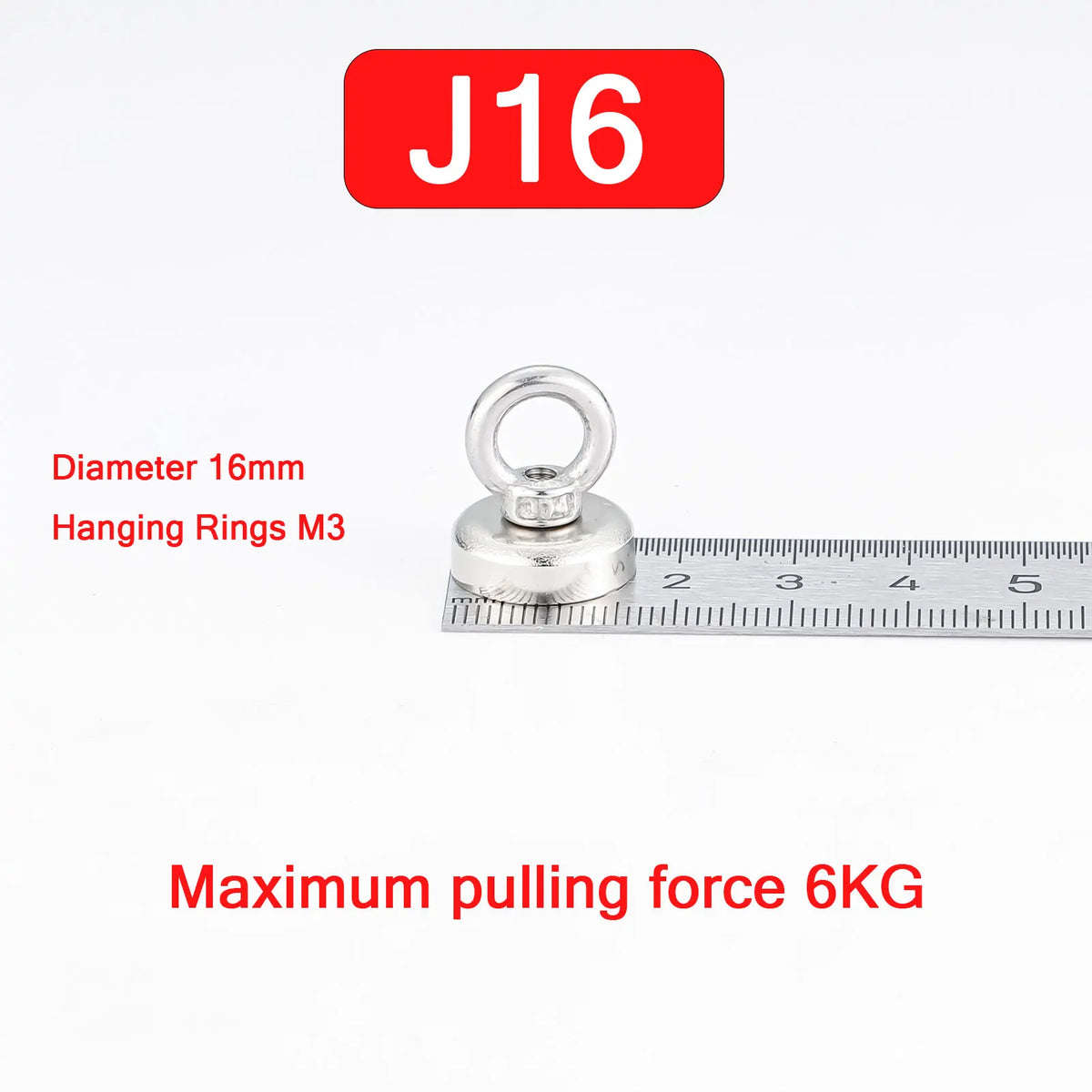 Silberner J16 Angel-Magnethaken mit 16mm Durchmesser und M3-Aufhängungsringen, für eine maximale Zugkraft von 6KG zertifizier