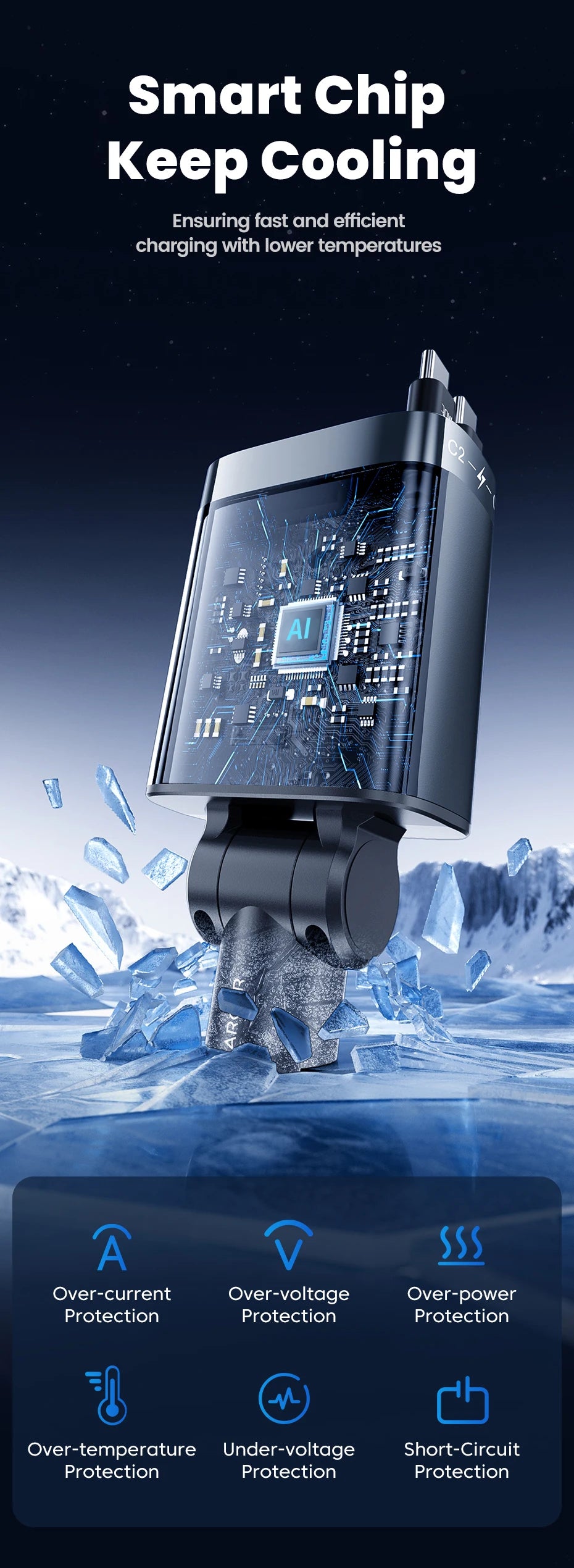 A smart chip keep cooling device is shown with various protection features against overcurrent, overvoltage, and short-circui