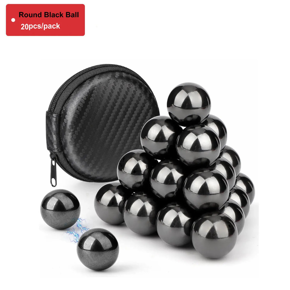 A pile of black magnetic fidget balls with a storage case shown on a white background.