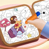 A hand is drawing on a reusable water drawing book for kids, showing colorful illustrations.