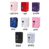 A collection of vintage metal piggy banks in various colors including light pink, red, purple, blue, white, pink, black, and 