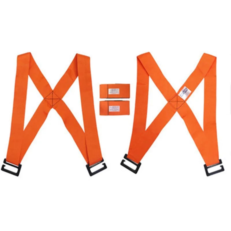 Two orange furniture moving straps with shoulder pads shown in an X-shape.