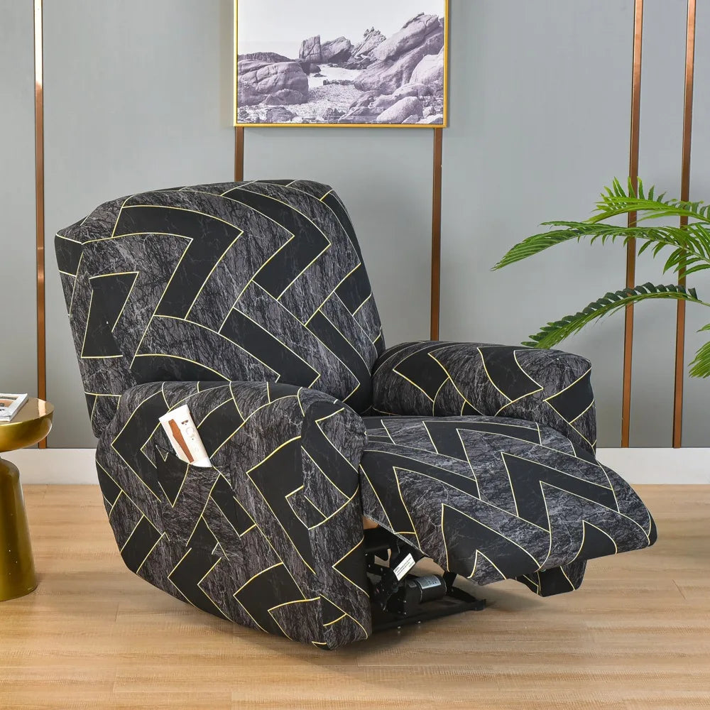 Printed Recliner Cover with Side Pocket — 4-Piece Set