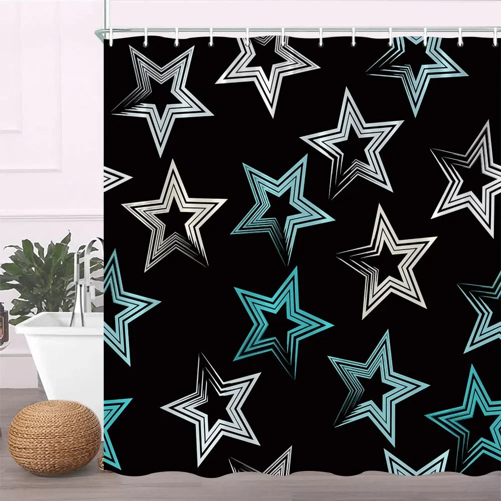 Black fabric shower curtain featuring a geometric pattern of white and teal stars.