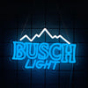 Blue neon sign displaying BUSCH LIGHT with a mountain graphic on a dark background