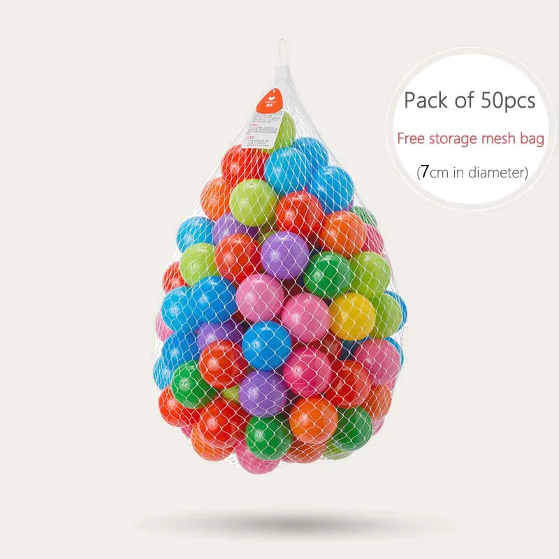 Pack of 50 colorful ocean-themed soft play pit balls in a clear mesh bag