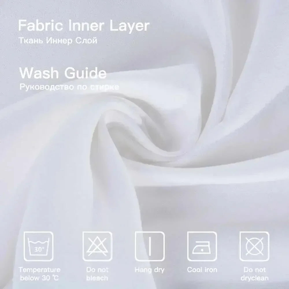 White fabric inner layer with washing instructions displayed on a white background.