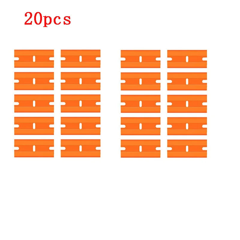A set of 20 orange razor blade scraper tools for removing stickers, paint, and adhesive.