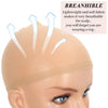 A beige wig cap is shown being placed on a mannequin head, highlighting its lightweight and breathable fabric.