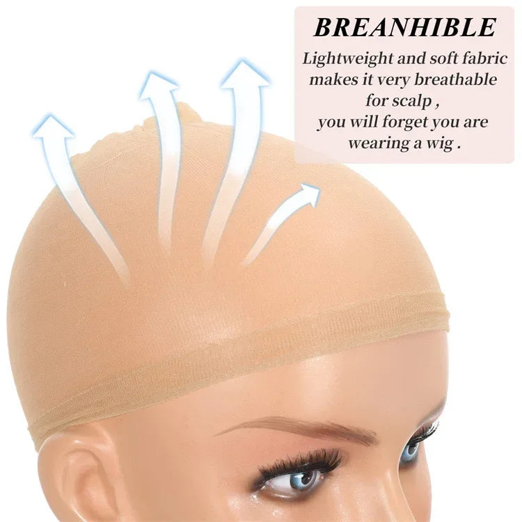 A beige wig cap is shown being placed on a mannequin head, highlighting its lightweight and breathable fabric.