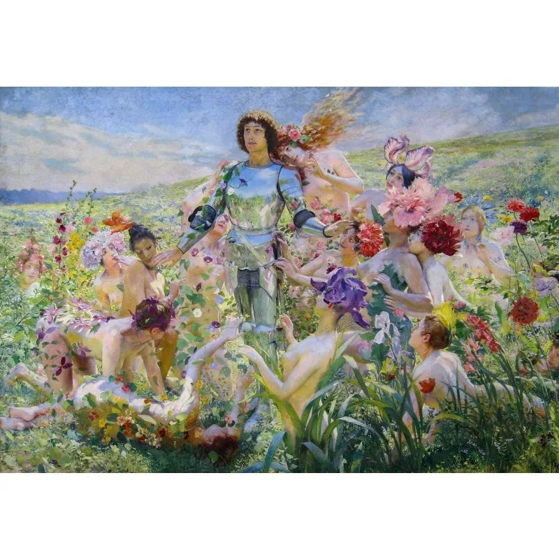 Victorian fairy canvas wall art featuring an ethereal portrait of a woman surrounded by lush flowers and figures.