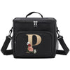 Black insulated canvas lunch bag with a gold initial P and adjustable strap.