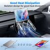 Foldable aluminum laptop stand designed for good heat dissipation shown in a car interior context.