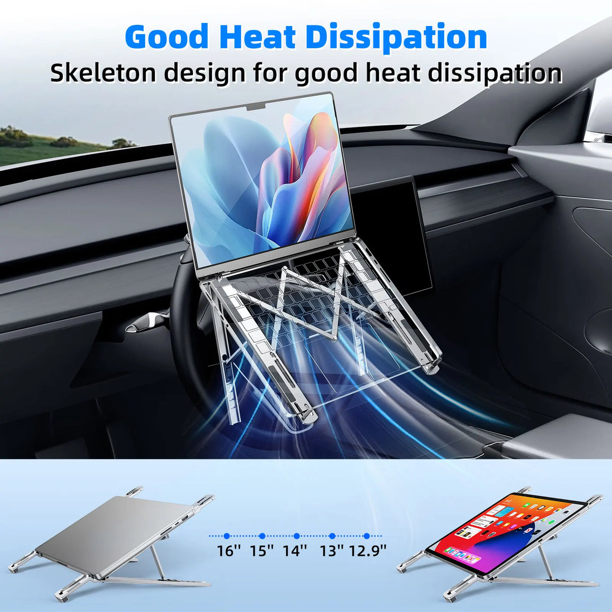 Foldable aluminum laptop stand designed for good heat dissipation shown in a car interior context.