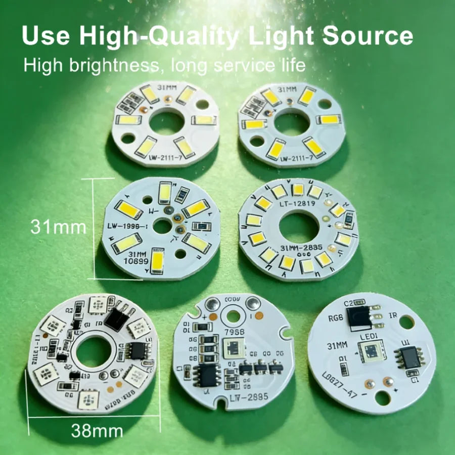 Various high-quality LED light sources and boards with different sizes and features shown on a green background.