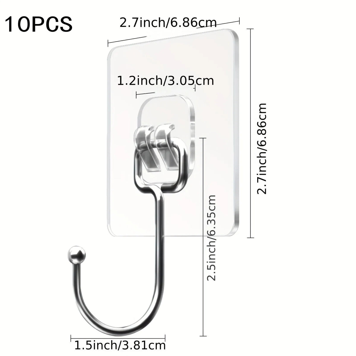 A set of 10 heavy duty adhesive hooks with a curved design shown against a white background.
