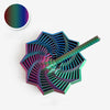 A colorful 3D illusion fidget star toy with a swirling spiral design and a wooden stick.