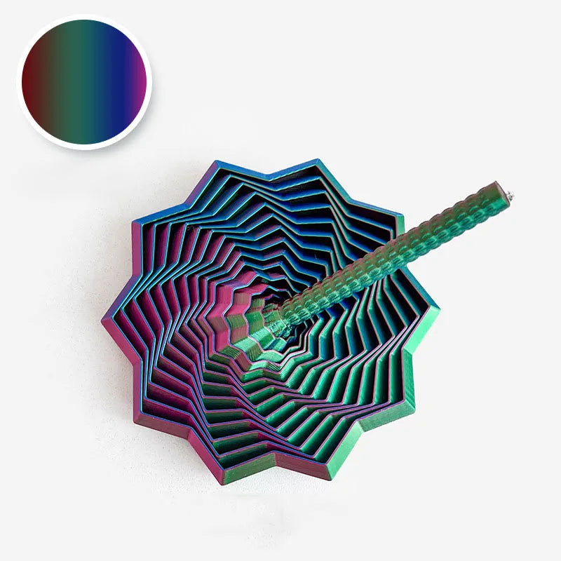 A colorful 3D illusion fidget star toy with a swirling spiral design and a wooden stick.