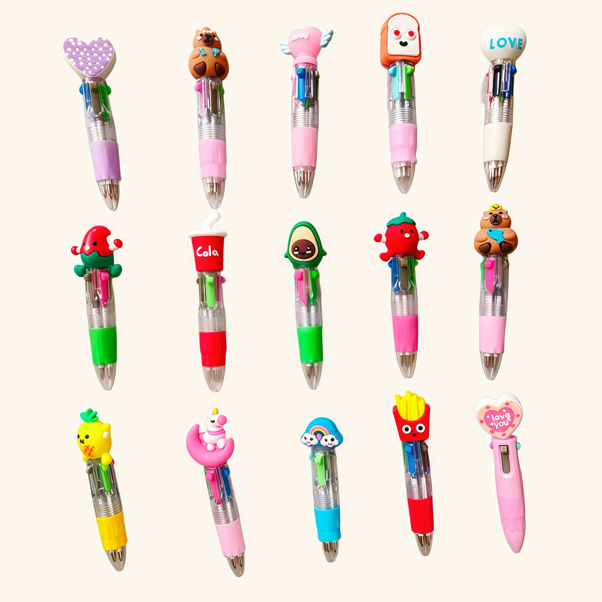 A collection of colorful kawaii ballpoint pens in various designs and colors for party favors or classroom prizes.