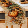 Autumn harvest table runner featuring pumpkins, sunflowers, and autumn foliage on a natural linen background.